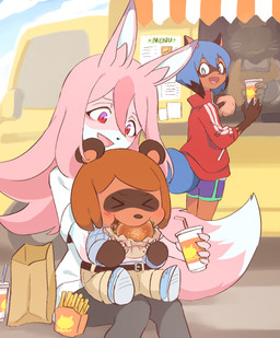 ambiguous_gender anthro beverage black_hair black_nose blue_body blue_eyes blue_hair brown_body brown_fur burger clothed clothing day eating eyes_closed facial_markings female fluffy fluffy_tail food fries fur gloves_(marking) group hair happy head_markings holding_object long_hair markings mask_(marking) multicolored_body multicolored_fur multicolored_hair open_mouth outside pink_body pink_fur pink_hair shirt sitting tail topwear vehicle white_body white_fur bak h0y0n brand_new_animal studio_trigger jackie_(brand_new_animal) michiru_kagemori nazuna_hiwatashi bear canid canine fox mammal raccoon_dog tanuki 2020 hi_res