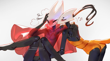 antennae_(anatomy) anthro anthro_on_anthro aroused bent_legs black_body blush breath cloak clothing emanata female female/female implied_fingering kissing_cheek light looking_pleasured red_cloak red_clothing segmented_body translucent translucent_clothing austinarts4 hollow_knight:_silksong hollow_knight_(franchise) team_cherry hornet_(hollow_knight) shakra_(hollow_knight:_silksong) arachnid arthropod insect spider 2025 absurd_res hi_res lighting