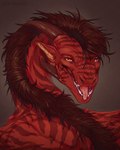 brown_body brown_fur brown_hair brown_horn feral fur hair horn looking_at_viewer male orange_eyes pink_tongue red_body red_scales scales solo teeth tongue tongue_out maoshan mythology draktoxx dragon mythological_creature mythological_scalie scalie hi_res