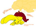 anthro ass_up blue_body blush brown_body butt candy chocolate dessert eyes_closed fart fart_cloud female floppy_ears food fur raised_tail scut_tail short_tail simple_background smile solo sound_effects tail talking_to_self text white_background yellow_body yellow_fur theonetruesinner fakemon peeps mochamel_(theonetruesinner) food_creature lagomorph leporid living_marshmallow mammal rabbit english_text