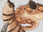 brown_body brown_clothing brown_hat brown_headwear brown_scales clothing duo feral feral_pred grey_background hat headgear headwear looking_at_viewer male motion_lines mouth_closed multicolored_eyes neck_bulge pupils red_eyes scales simple_background slit_pupils tan_body tan_scales text two_tone_eyes vore yellow_eyes roobin rango_(movie) rattlesnake_jake reptile scalie snake artist_name hi_res