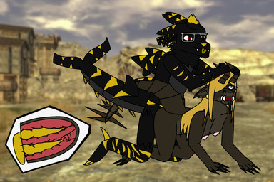 2_penises ahegao anal anal_penetration anthro big_breasts black_body black_fur blonde_hair bodily_fluids breasts brown_body brown_scales curvy_figure cutlery doggystyle double double_knotting double_penetration duo ear_piercing ear_ring eyewear female fork forked_tongue from_behind_position fur genital_fluids genitals glasses grey_eyes hair hair_over_eye holding_horn horn humanoid_pointy_ears kitchen_utensils knotting long_hair looking_pleasured male male/female multi_genitalia multi_penis outside penetration penis piercing pointy_ears pupils quarry red_eyes ring_piercing scales sex shark_tail slit_pupils stripes tongue tongue_out tools yellow_stripes sealz888 fallout microsoft marie_(sealz888) aquatic deathclaw fish hybrid prowler requiem_shark scalie shark tiger_shark digital_media_(artwork) hi_res