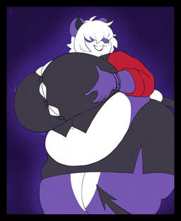 anthro belly belly_overhang big_belly big_breasts black_border border bottomwear breasts button_(fastener) clothing fake_horns fake_tail female fur hair hair_over_eyes hand_on_breast huge_breasts motion_lines overweight overweight_anthro overweight_female purple_body purple_fur side_slit_skirt simple_background skirt smile solo squish straining_buttons thigh_squish white_body white_fur white_hair heavenkahell bear giant_panda mammal 2025 hi_res