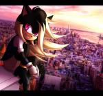 anthro black_body black_fur black_nose boots city clothing female footwear fur gloves grin hair handwear long_hair looking_at_viewer pink_eyes rooftop shoes smile solo teeth panrill automaxie absurd_res hi_res