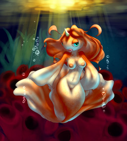 afternoon anthro anthrofied arm_fin breasts bubble female fin genitals hair horn light lips long_hair looking_at_viewer mermaidification navel nipples non-mammal_breasts non-mammal_nipples noseless nude open_mouth orange_hair outside pokemorph solo split_form sun sunlight teal_eyes underwater vulva water elpatrixf nintendo pokemon ambient_coral ambient_sealife anthozoan aquatic cnidarian coral fish generation_1_pokemon goldeen merfolk pokemon_(species) 2013 digital_media_(artwork) hi_res