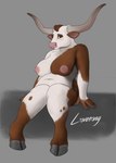 2_horns anthro areola belly big_breasts big_horn breasts brown_body brown_ears brown_eyes brown_fur cloven_hooves eyelashes female freckles fur grey_hooves hooves horn looking_at_viewer multicolored_body multicolored_fur outline pink_areola pink_nose slightly_chubby solo two_tone_body two_tone_fur white_body white_fur lovesong bovid bovine cattle longhorn mammal texas_longhorn 2021 digital_media_(artwork) hi_res signature