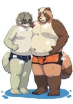 5_toes anthro belly big_belly blush bodily_fluids bulge clothing duo feet kemono male male/male moobs musk navel nipples overweight overweight_male simple_background sweat toes underwear maron2475 canid canine canis domestic_dog mammal raccoon_dog tanuki 2024 hi_res