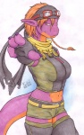 anthro bottomwear clothed clothing cosplay crop_top eyewear female fingerless_gloves gloves goggles handwear hotpants midriff shirt shorts solo topwear freckles_(artist) advance_wars tasha_(advance_wars) 2011 traditional_media_(artwork)