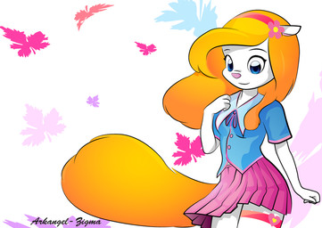 abstract_background accessory anthro bent_arm big_tail biped black_eyebrows blonde_hair blue_clothing blue_eyes blue_topwear bottomwear clothed clothing extended_arm eyebrows eyelashes female flower flower_in_hair fur furgonomics hair hair_accessory hairband heart_symbol leaf pink_bottomwear pink_clothing pink_nose pink_skirt plant pleated_skirt raised_hand school_uniform short-sleeve_shirt short_sleeves short_snout skirt smile snout solo standing tail tail_through_skirt text topwear tucked_arm uniform white_body white_fur wind yellow_tail arkangel-zigma animaniacs warner_brothers minerva_mink mammal mink mustelid musteline true_musteline 2013 artist_name portrait three-quarter_portrait