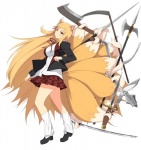 9_tails blonde_hair female hair knife looking_at_viewer mace melee_weapon monster_girl_(genre) multi_tail multi_wielding polearm prehensile_tail red_eyes scythe solo sword tail weapon yaegashi_nan senran_kagura animal_humanoid canid canid_humanoid canine canine_humanoid fox fox_humanoid humanoid mammal mammal_humanoid official_art