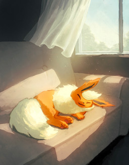 :3 ambiguous_gender blinds chest_tuft daww day detailed_background eyes_closed feral fluffy fluffy_tail fur furniture head_tuft light lying multicolored_body multicolored_fur neck_tuft on_side on_sofa orange_body orange_fur orange_pawpads pawpads quadruped sleeping snout sofa solo sunlight tail tan_body tan_fur tuft two_tone_body two_tone_fur window aruco_coo nintendo pokemon eeveelution flareon generation_1_pokemon pokemon_(species) 2026 digital_drawing_(artwork) digital_media_(artwork) digital_painting_(artwork) hi_res japanese_description painting_(artwork)