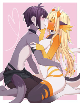 5_fingers anthro armband barefoot blonde_hair blush bottomwear breasts clothed clothing collar crotch_lines duo eyes_closed feet female fingers fur hair horn hug kiss_on_lips kissing kneeling male male/female multicolored_body multicolored_fur nude orange_body orange_fur pants pink_background purple_body purple_fur purple_hair side_boob simple_background skimpy tail topless two_tone_body two_tone_fur white_body white_fur iwbitu mythology ino_(shiverfluff) dragon haplorhine mammal monkey mythological_creature mythological_scalie primate scalie digital_media_(artwork) hi_res shaded