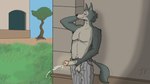 anthro big_penis blush bodily_fluids cum dirty ejaculation exhibitionism eyes_closed foreskin genital_fluids genitals male masturbation musk penis public public_nudity shirtless shirtless_male smegma solo tail tail_motion tailwag tongue tongue_out mrramone beastars legoshi_(beastars) canid canine canis mammal wolf 16:9 hi_res story story_in_description widescreen