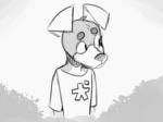 anthro button_ears clothing floppy_ears male plant shrub simple_background solo text komdog kom_(komdog) canid canine canis domestic_dog mammal 2d_animation 4:3 animated frame_by_frame japanese_text short_playtime sketch