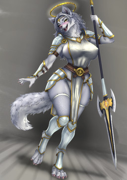 4_toes 5_fingers anthro armor big_breasts biped blush breasts clothed clothing digitigrade feet female female_anthro fingers front_view fully_clothed greaves grey_background halo holding_melee_weapon holding_object holding_weapon humanoid_hands looking_at_viewer makeup mascara melee_weapon nipple_outline open_mouth open_smile polearm simple_background smile snout solo spear standing tail toes unconvincing_armor vambrace weapon thunderewokb canid canine canis mammal wolf digital_drawing_(artwork) digital_media_(artwork) full-length_portrait hi_res portrait