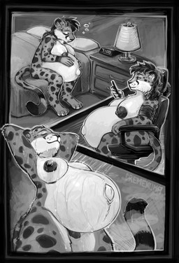 anthro areola bathing bed bedroom big_breasts breast_growth breasts cellphone chair electronics eyes_closed fur furniture genitals growth hand_on_own_belly holding_cellphone holding_object holding_phone holding_smartphone humanoid_genitalia humanoid_hands humanoid_penis male markings medium_hair nipples nude_anthro nude_male on_bed on_chair outie penis phone pregnant pregnant_anthro pregnant_male showering sitting sitting_on_bed sitting_on_chair sleeping smartphone solo spots spotted_body spotted_fur wet wet_body cremekuma nix_(nixphx) cheetah felid feline mammal 2026 absurd_res comic digital_drawing_(artwork) digital_media_(artwork) english_description greyscale hi_res monochrome