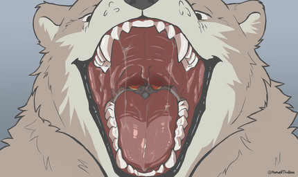 anthro bodily_fluids dewlap_(anatomy) duo jowls male male/male male_pred mouth_shot open_mouth saliva saliva_string smug_face teeth teeth_showing tongue uvula vore howellthabear avian bear bird icterid mammal new_world_blackbird oscine passerine polar_bear red-winged_blackbird ursine hi_res