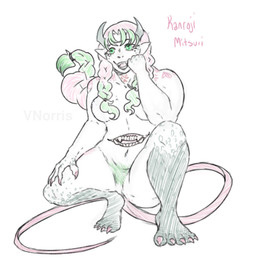 belly_mouth crouching fangs female green_body green_eyes green_hair_tips green_scales hair heart_(marking) horn markings nude pink_hair pink_markings pink_text pointy_ears red_markings scales solo tail teeth text puppetmaster13uwu demon_slayer kimetsu_no_yaiba mitsuri_kanroji demon horned_humanoid humanoid tailed_humanoid sketch
