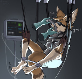 ambiguous_gender anthro bdsm blindfold bondage bound brown_body brown_fur bulge clothing disembodied_hand doctor duo fur gag gagged gagging gloves grey_background handwear latex latex_clothing latex_gloves latex_handwear male male/ambiguous medical medical_gloves medical_play orange_body orange_fur pawpads paws restrained restraints simple_background straitjacket stuff_gag submissive submissive_anthro submissive_male suspension suspension_bondage tan_body tan_fur tape tape_gag hierogreen akasch canid canine fennec_fox fox mammal true_fox hi_res
