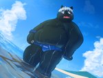 anthro belly big_belly black_body bulge clothing cloud detailed_background hair humanoid_hands kemono male moobs outside overweight overweight_male solo swimwear water wet white_hair carupisu77 vtuber kokuba_hoeguro canid canine mammal 2022 4:3 hi_res