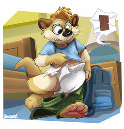 anthro backpack bed bedroom black_nose blonde_hair caught_in_the_act clothed clothing countershading diaper diaper_change door eyewear eyewear_on_head fur furniture glasses glasses_on_head gloves_(marking) hair knocking knocking_on_door leg_markings looking_down male markings pawpads paws shota socks_(marking) solo sound_effects speech_bubble tan_body tan_fur text toony wearing_diaper young young_anthro smokeyaussie mammal mustelid otter artist_name hi_res