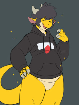 anthro bal bottomless clothed clothing grey_background hoodie male obese overweight simple_background solo sparkles topwear yellow_body unknown_artist mythology dragon mythological_creature mythological_scalie scalie 2025 dated hi_res signature