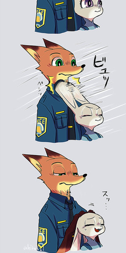 anthro clothed clothing duo female fur green_eyes grey_background grey_body grey_fur male orange_body orange_fur police police_uniform purple_eyes simple_background text uniform wind ahiru621 disney zootopia judy_hopps nick_wilde canid canine fox lagomorph leporid mammal rabbit red_fox true_fox 2017 comic japanese_text