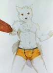 anthro arm_tuft athletic athletic_anthro athletic_male black_nose bulge cheek_tuft chest_tuft clothing facial_tuft front_view fur glistening glistening_eyes holding_object holding_paddle looking_at_viewer male monotone_body monotone_fur navel orange_clothing orange_eyes orange_underwear paddle shoulder_tuft smile solo tail tuft underwear white_body white_fur white_tail t.y.stars canid mammal traditional_media_(artwork)