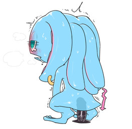 ambiguous_gender anthro biped blue_body blue_eyes blue_tail blush bodily_fluids dildo dildo_insertion directional_arrow drooling ear_piercing multicolored_body open_mouth piercing pink_body saliva sex_toy sex_toy_insertion short_tail simple_background solo sweat tail dapong league_of_legends riot_games tencent fizz_(lol) yordle absurd_res hi_res