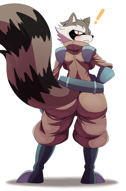 anthro back_boob belt big_breasts big_butt biped blush boots bottomwear breasts butt clothing exclamation_point eye_patch eyewear female female_anthro footwear gloves hand_on_hip handwear huge_butt jacket jumpsuit looking_at_viewer looking_back markings oversized_bottomwear oversized_clothing oversized_pants pants rear_view red_eyes ring_(marking) ringed_tail shadow shoes shortstack shortstack_female shoulder_pads simple_background solo standing striped_markings striped_tail stripes tail tail_markings teeth topwear white_background wide_hips sssonic2 guardians_of_the_galaxy marvel captain_sale mammal procyonid raccoon 2015 digital_media_(artwork) full-length_portrait hi_res portrait