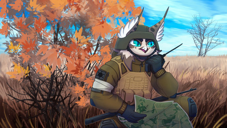 ak_platform anthro armband armor autumn body_armor brown_body brown_fur bulletproof_vest clothed clothed_anthro clothed_male clothing cloud crouching day detailed_background dialogue electronics fully_clothed fully_clothed_anthro fully_clothed_male fur furgonomic_helmet furgonomics furred_ears gloves grass handwear male map military multicolored_body multicolored_fur open_mouth outside patch_(fabric) plant politics pupils russian russian_federation slit_pupils soldier solo teal_eyes tree two_tone_body two_tone_fur walkie-talkie warrior white_armband white_body white_fur ulolin mythology russo-ukrainian_war kislinka_(ulolin) avian bird gryphon mythological_avian mythological_creature owl 16:9 2022 half-length_portrait hi_res portrait russian_description signature translated_description widescreen