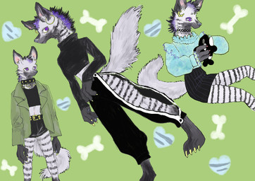alternative_fashion anthro belt black_bottomwear black_clothing bottomwear claws clothed clothing collar crop_top ear_piercing ear_ring female fur green_background grey_body grey_fur hair jacket multicolored_hair piercing plushie purple_eyes purple_hair ring_piercing shirt simple_background skirt smile solo spiked_collar spikes stripes sweater tail topwear kyokyota mihana_(kyokyota) hyena mammal striped_hyena 2019 absurd_res digital_media_(artwork) hi_res