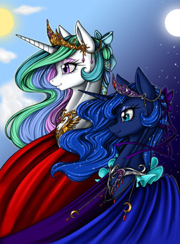 accessory blue_eyes blue_hair bow_(feature) bow_accessory bow_ribbon clothing cloud crown day dress duo eyeshadow female feral gold_(metal) hair hair_accessory hair_bow hair_ribbon headgear horn jewelry makeup moon multicolored_hair necklace night outside purple_eyes ribbons sky sparkles star sun longinius friendship_is_magic hasbro my_little_pony mythology princess_celestia_(mlp) princess_luna_(mlp) equid equine mammal mythological_creature mythological_equine unicorn 2013 hi_res sibling_(lore) sister_(lore)
