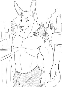 anthro belly big_belly bulge carrying_another city_destruction closed_smile clothed clothing destruction duo front_view hair male male_anthro mouth_closed on_shoulder overweight overweight_anthro overweight_male short_hair sitting size_difference smile standing topless solaxe_(artist) solaxe kangaroo macropod mammal marsupial monochrome sketch