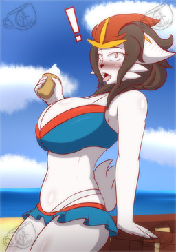 anthro beach big_breasts bikini breasts clothing dessert female female_anthro food ice_cream looking_at_viewer mature_anthro mature_female solo swimwear two-piece_swimsuit pok-zone nintendo pokemon fan_character cinderace generation_8_pokemon pokemon_(species) hi_res