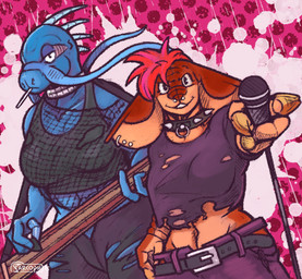 alternative_fashion anthro barbel_(anatomy) bottomwear clothed clothing collar duo ear_piercing electronics facial_piercing female fishnet_clothing hair microphone musical_instrument navel nose_piercing pants piercing punk punk_hair simple_background smile spiked_collar spikes string_instrument torn_bottomwear torn_clothing torn_pants whiskers sarcoph gamma_(sarcoph) ti'ig alien ichorynth sajjas