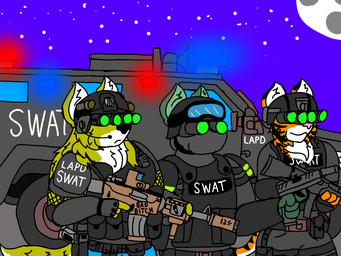 anthro armor bulletproof_vest female gun handgun headgear helmet los_angeles_police_department m4a1 male moon mp5 night night_vision_goggles pistol ranged_weapon tactical_gear weapon brutus_airsoft glock swat lenco binturong canid canine canis domestic_dog felid mammal pantherine shiba_inu spitz tiger viverrid wolf