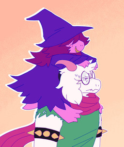 3_toes alternate_universe anthro armband barefoot carrying_another clothing digitigrade duo eyewear feet female frown fur glaring glasses hair hair_over_eyes hat headgear headwear horn larger_male long_ears male on_shoulders robe shirt size_difference smaller_female smile spiked_armband spikes toes topwear white_body white_fur white_hair wizard_hat meow-wows deltarune deltaswap undertale_(series) ralsei susie_(deltarune) bovid caprine darkner goat mammal scalie