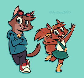 anthro bandana_on_head bottomwear clothing duo eyewear female goggles jacket male pants simple_background skirt topwear young young_anthro artdexo2000 murphy_and_mitzi mitzi_(ajmarekart) murphy_(ajmarekart) domestic_cat felid feline felis mammal rodent sciurid tree_squirrel 2024 hi_res signature
