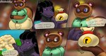 animal_crossing anthro bells_(animal_crossing) big_bulge big_butt big_moobs black_hair blue_clothing blue_eyes blue_shirt blue_topwear blurred_background bottomwear brown_body brown_fur bulge butt canid canine clothing dialogue dragon duo european_mythology fur hair horn lexington_ulfric_izunia male mammal moobs mythological_creature mythological_scalie mythology nintendo pants pink_eyes purple_body purple_scales raccoon_dog reptile scales scalie shirt signature speech_bubble tanuki text tom_nook_(animal_crossing) topwear western_dragon wetwaffls wide_hips wyvern yellow_bottomwear yellow_clothing yellow_pants