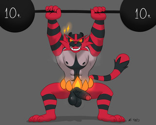 anthro balls barbell bodily_fluids erection exercise feet fingers fur genital_fluids genitals humanoid_genitalia humanoid_penis male muscular muscular_anthro muscular_male musk nipples nude nude_workout penis red_body red_fur simple_background smile solo sweat teeth weightlifting workout charlieleobo nintendo pokemon felid generation_7_pokemon incineroar mammal pokemon_(species) 5:4 digital_media_(artwork) hi_res