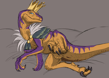 ambiguous_gender animal_genitalia bedding blue_eyes brown_body brown_scales claws cloaca cloak clothing crown feral finger_claws genitals grey_background headgear lying on_side pubic_boot purple_body purple_scales raised_leg scales simple_background smile snout solo spread_legs spreading tail toe_claws flamespitter saints_row cirano dinosaur dromaeosaurid prehistoric_species reptile saurischian scalie theropod shaded male_(lore)