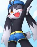 2017 anthro bandai_namco big_eyes big_head blush bulge clothed clothing cloud domestic_cat felid feline felis front_view fur hat headgear headwear kemono klonoa klonoa_(series) long_ears low-angle_view male mammal navel one_eye_closed open_mouth raised_arm signature simple_background smile solo stretching swimming_cap swimming_trunks swimwear toony topless unrealplace wink young young_anthro