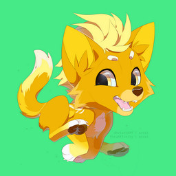 blonde_hair brown_nose brown_pawpads cheek_tuft chibi claws eyebrows facial_tuft fangs feral fur green_background hair looking_down male markings mohawk nude open_mouth open_smile pawpads pink_tongue running simple_background smile snout solo teeth tongue tuft white_claws white_eyebrows white_markings yellow_body yellow_eyes yellow_fur yellow_inner_ear yellow_markings azzai canid canine canis mammal wolf 1:1 2020 colored digital_drawing_(artwork) digital_media_(artwork) shaded