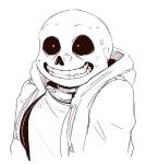 anterior_nasal_aperture bodily_fluids bone clothed clothing forced_smile jacket male nervous not_furry simple_background skeleton skull smile solo sweat sweater teeth topwear white_background jazzycat undertale undertale_(series) sans_(undertale) animated_skeleton humanoid undead digital_media_(artwork) monochrome reaction_image