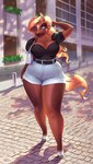 5_fingers anthro big_breasts blonde_hair blue_eyes bottomwear breasts brown_body cleavage clothed clothing curvy_figure female fingers green_eyes hair handbag hooves long_hair outside pose purse shorts slightly_chubby slightly_chubby_female solo standing street thick_thighs voluptuous white_body wide_hips holivi rainstorm_(marefurryfan) equid equine horse mammal absurd_res full-length_portrait hi_res portrait signature