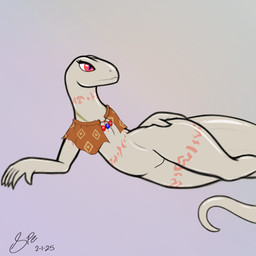 5_fingers albino anthro arm_tattoo beaded_jewelry beaded_necklace beads belly_tattoo big_tail capelet capelet_only clothing eyelashes fangs featureless_crotch female female_anthro fingers flat_chested glistening glistening_body gradient_background humanoid_hands jewelry leg_tattoo long_neck long_tail lying monotone_body mostly_nude neck_tattoo necklace on_side orange_capelet orange_clothing orange_tattoo pattern_capelet pattern_clothing pupils red_eyes simple_background slit_pupils snout solo tail tapering_tail tattoo teeth thick_tail thick_thighs thigh_tattoo tribal tribal_tattoo white_body wide_hips spe overlord_(series) crusch_lulu lizard lizardman lizardman_(overlord) reptile scalie 1:1 2025 absurd_res dated digital_drawing_(artwork) digital_media_(artwork) flat_colors hi_res krita_(artwork) signature sketch sketchbook_(artwork)