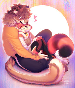anthro black_body black_bottomwear black_clothing black_fur black_pants bottomwear brown_body brown_clothing brown_fur brown_hair brown_topwear closed_smile clothed clothing cuddling duo ear_piercing eyes_closed female fur gradient_fur hair happy heart_symbol male messy_hair mouth_closed orange_body orange_fur pants piercing red_hair simple_background sitting smile tan_body tan_fur text topwear white_body white_clothing white_fur white_topwear yellow_clothing yellow_topwear azuza species_request 2021 artist_name dated