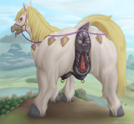 animal_genitalia animal_vulva anus big_anus big_butt blonde_mane brown_eyes butt cloud day detailed_background ear_piercing ear_ring equine_genitalia equine_vulva female feral fur genitals grass head_turned hooves looking_at_viewer looking_back mane nipple_piercing nipple_ring nipples outside piercing plant puffy_anus quadruped rear_view ring_piercing shadow sky solo standing tail tail_aside teats text tongue tongue_out tree volcano water white_body white_fur despairchanpu breath_of_the_wild nintendo the_legend_of_zelda equid equine horse mammal artist_name colored hi_res shaded