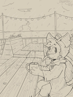 anthro buckteeth clothing coat container cup detailed_background furniture looking_at_viewer male mug raincoat raining sea seaside sitting solo table teeth topwear water iscofish mammal murid murine rat rodent 3:4 hi_res